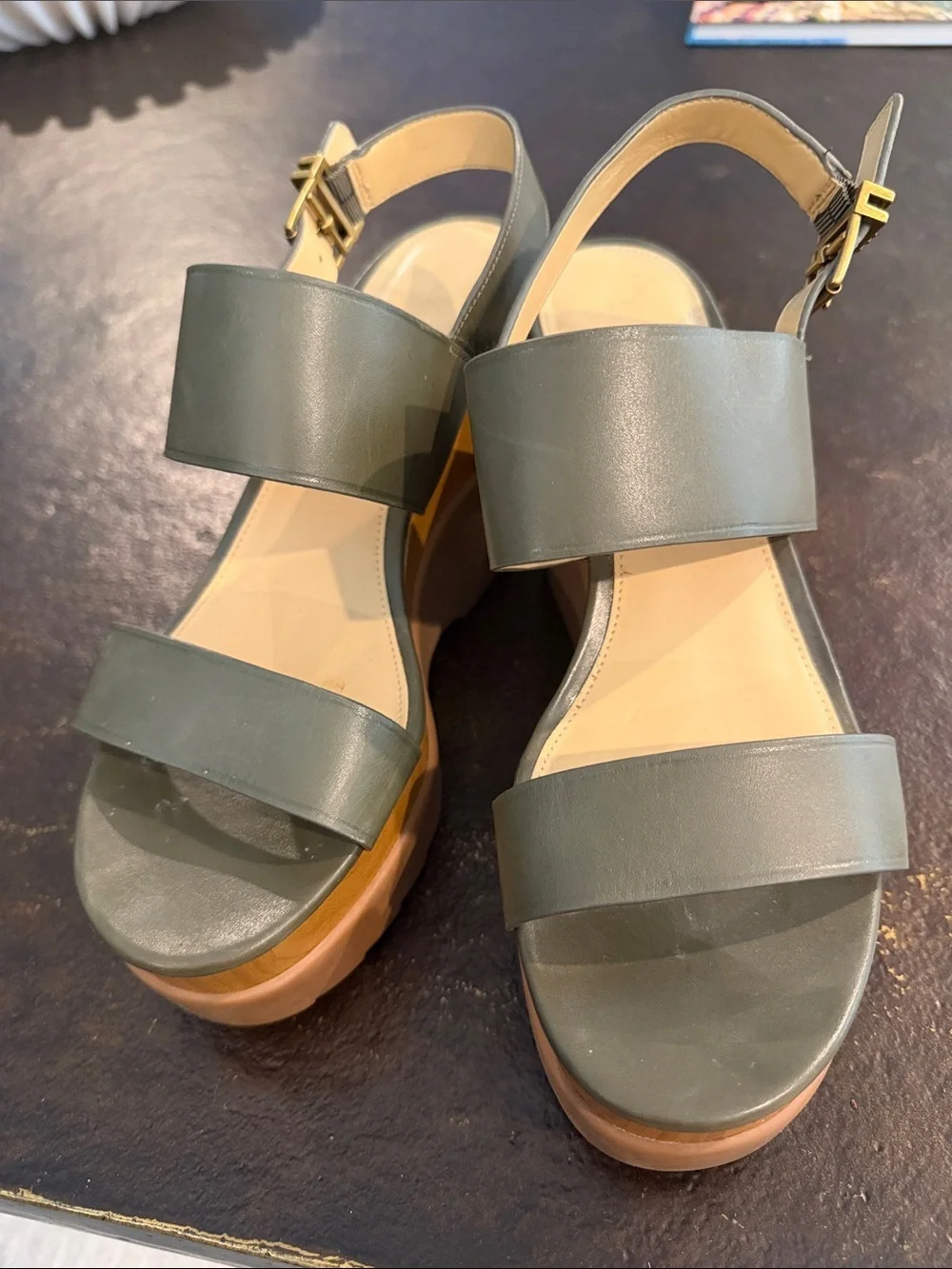 MICHAEL Michael Kors Olive Green Leather Platform Wedge Sandals